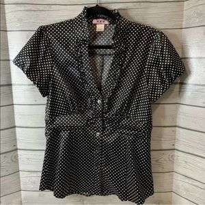 Three Pink Hearts Silky Blouse Shirt L Black White POLKA DOTS Puff Short Sleeve